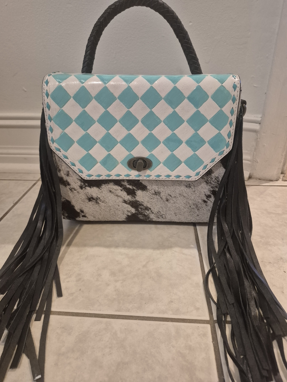 Montana West Turquoise, White & Black Diamond Flap Cowhide Crossbody with Fringe